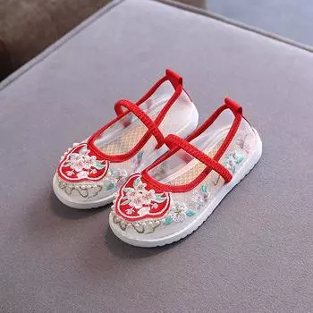 Обувь с вышивкой Hanfu для девочек, детская танцевальная обувь ручной работы в древнем стиле, древняя костюмная обувь в китайском стиле, детская обувь с вышивкой, летняя обувь 24