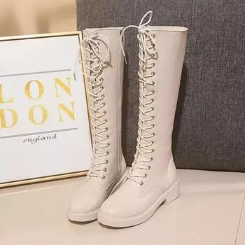 Обувь со шнурками Туфли для женщин Средний каблук Шнуровка Белые женские ботинки Стильное предложение Pu Новинка Весна Осень 2024 Горячая 35