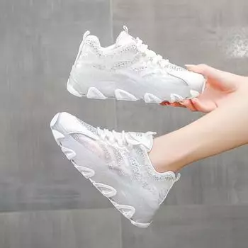 Обувь со стразами, женские кроссовки, летние сетчатые дышащие повседневные туфли на платформе, женские кроссовки для бега, спортивная обувь из вулканизированной ткани, обувь на танкетке 35