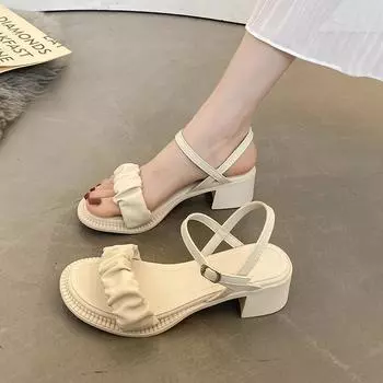 Обувь средней комфортности для женщин, сандалии, костюм на блочном каблуке, женские бежевые, средние, новые на массивном каблуке для девочек, прозрачные модные летние туфли на высоком каблуке, черные B 39