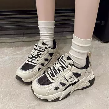 Обувь Step on shit dad для женщин 2025 весна новые сетчатые дышащие кроссовки для бега показывают маленькие ноги повседневная спортивная обувь на платформе 35 чёрный