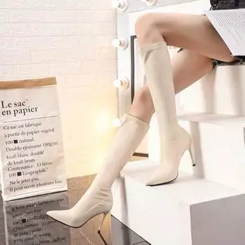 Обувь Туфли с острым носком для женщин на высоком каблуке Женские сапоги зимние до колена Длинные эластичные элегантные рабочие на каблуке Gyaru Качество Pu 34