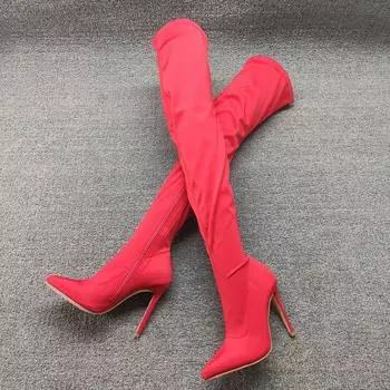 Обувь Туфли выше колена для женщин Большие красные женские сапоги выше колена со шнурками Шнуровка с острым носком Очень каблук Рабочие ПУ 37