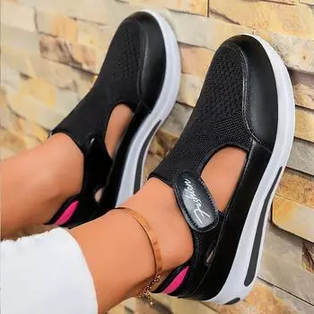 Обувь Универсальная женская обувь Повседневная обувь больших размеров Туфли на платформе с летящим плетеным каблуком и сеткой Женские туфли с липучкой 36