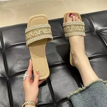 Обувь весна-лето тапочки пляжные большого размера с плоской подошвой вышитые сандалии с мягкой подошвой женская обувь 35 чёрный