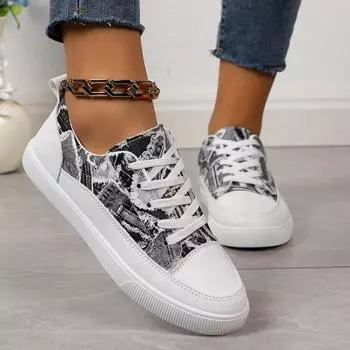 Обувь весна-осень Туфли с принтом Дышащие Низкие Ботинки на Шнуровке Большие Размеры Женские Туфли Плоская Подошва 35 чёрный