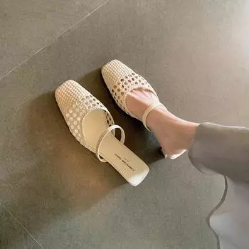 Обувь винтажная плетеная вырезная блочная каблук-мюли сандалии женские полуоблегающие летние 34 бежевый