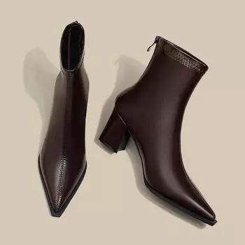 Обувь женская 2024 Большие размеры женские ботильоны элегантные современные ботинки женские сшитые с острым носком толстые каблуки с молнией сзади женские 35 чёрный