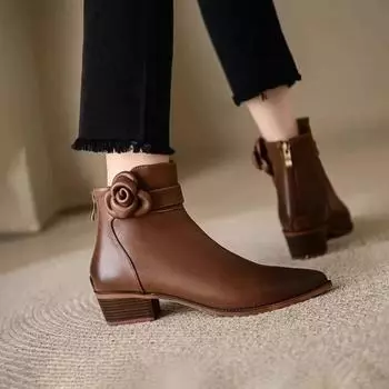 Обувь женская 2024 Ботильоны женские элегантные современные ботинки женские аппликации острый носок молния сзади низкий каблук обувь для отдыха женские 35 покинуть белый