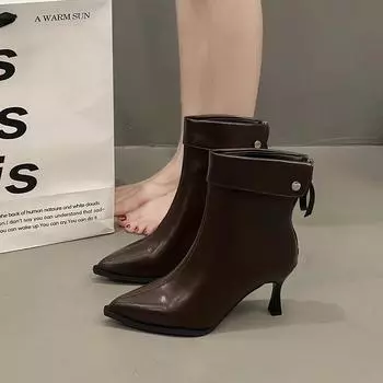 Обувь женская 2024 Ботильоны женские Большие размеры Современные ботинки женские Отложной край Острый носок Тонкий каблук Молния сзади Туфли женские 35 чёрный