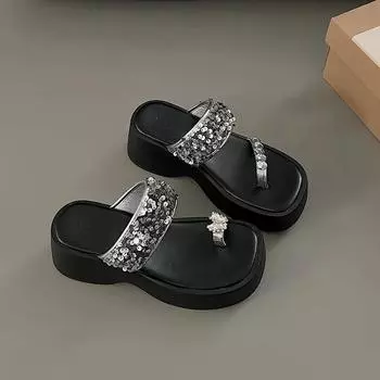 Обувь женская 2024 г. блестящие шлепанцы тапочки для бассейна резиновые шлепанцы Pantofle платформа желе пляж гавайский новый плоский 35 чёрный