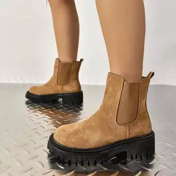 Обувь женская 2024 г. Новые женские сапоги с рукавами, зимние, с круглым носком, замшевые, однотонные, короткие, на каблуке-бочке, модные сапоги большого размера 35 чёрный