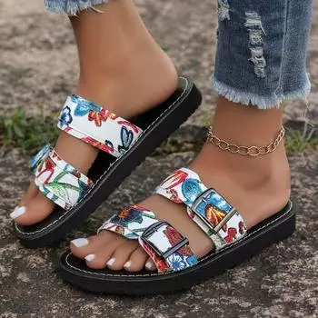 Обувь женская 2024 года, горячая распродажа, женские тапочки с открытым носком, летние римские пряжки, разноцветные, повседневные, на плоской подошве, большого размера 36