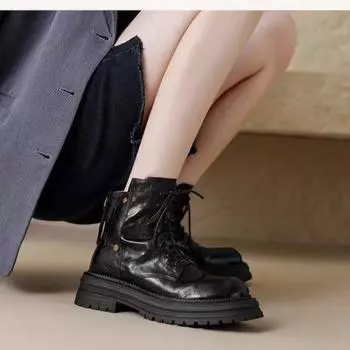 Обувь женская 2024 года, горячая распродажа, женские ботинки на шнуровке, круглый носок, однотонные, короткие, на среднем каблуке, водонепроницаемые, модные ботинки в британском стиле 35 коричневый