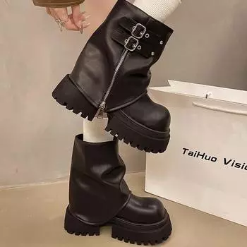Обувь женская 2024 года, горячая распродажа, женские сапоги до середины икры, лаконичные современные сапоги, женские, с пряжкой на ремне, с круглым носком, со средним каблуком, с боковой молнией, женские 35 чёрный