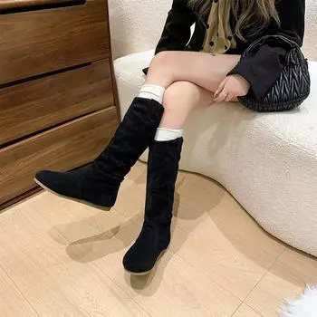 Обувь женская 2024 года, горячая распродажа, женские сапоги до колена, лаконичные современные сапоги, женские, плиссированные, с круглым носком, на плоской подошве, с застежкой-молнией, женские 35 чёрный