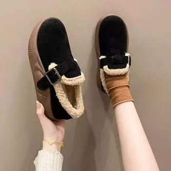 Обувь женская 2024 года, новые женские туфли с пряжкой на ремешке, вулканизированные туфли на платформе, женские кроссовки с круглым носком, плоские, теплые, женские повседневные туфли 35 чёрный