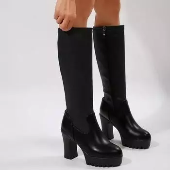 Обувь женская 2024 года, женские сапоги до колена, современные сапоги на платформе, женские с круглым носком, с боковой молнией, на высоком толстом каблуке, женские 34 чёрный