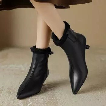 Обувь женская 2024 модные женские ботильоны лаконичные современные ботинки женские швейные с острым носком тонкие каблуки молния сзади теплая обувь женская 35 чёрный