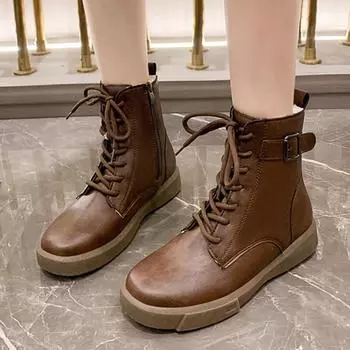 Обувь женская 2024 модные женские ботинки на шнуровке зимние круглые носки сплошной плюшевый флис для тепла короткие бочонки на плоской подошве большого размера 35 чёрный