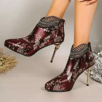 Обувь женская 2024 новые женские сапоги с застежкой-молнией сзади модные печатные офисные и карьерные сексуальные ботильоны с острым носком на тонком каблуке со стразами 35 чёрный