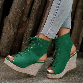 Обувь женская 2024 Высококачественные женские босоножки на шнуровке Летние с открытым носком Римские однотонные повседневные босоножки на платформе и танкетке Zapatos De Mujer 35 чёрный