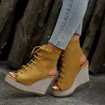 Обувь женская 2024 Высококачественные женские босоножки на шнуровке Летние с открытым носком Римские однотонные повседневные босоножки на платформе и танкетке Zapatos De Mujer 35 чёрный