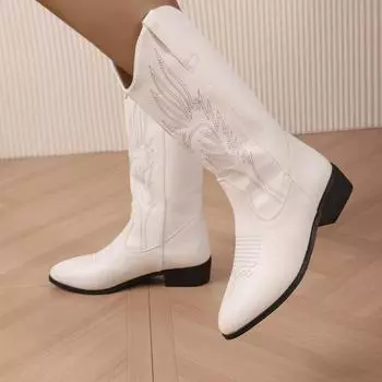 Обувь женская 2024 Высококачественные женские сапоги без застежек Модные вышитые современные сапоги женские сексуальные с острым носком до середины икры Zapatos 35 белый