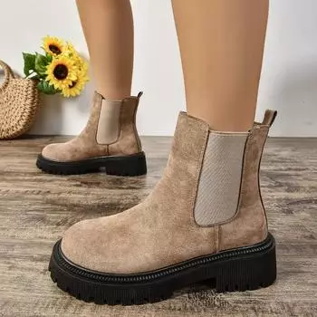 Обувь женская 2025 г. Новые женские сапоги с рукавами, зимние, с круглым носком, замшевые, однотонные, короткие, на каблуке-бочке, модные сапоги большого размера 35 чёрный