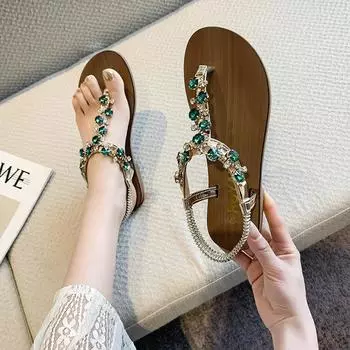 Обувь женская 2025 лето новый носок женские босоножки бисерные стразы плоские пляжные сандалии женские 35 золотой