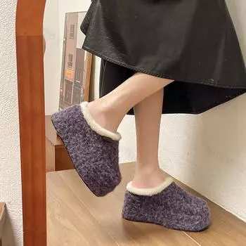 Обувь женская 2025 Med Тапочки повседневные закрытые носки Меховые шлепанцы Флок Платформа Pantofle Роскошные плюшевые плоские новые резиновые подошвы Шлепанцы 35 чёрный