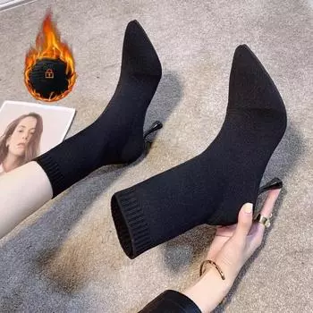 Обувь женская 2025 плюс размер вязаные женские ботильоны лаконичные эластичные ботинки женские с острым носком туфли на тонком каблуке женские 35