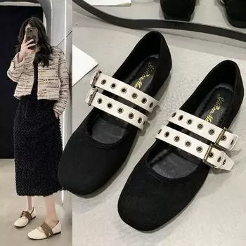 Обувь женская 2025 с круглым носком и неглубоким носком повседневные женские кроссовки осенние туфли на плоской подошве новые квадратные осенние ретро летние платья PU Mary Janes La 35 бежевый