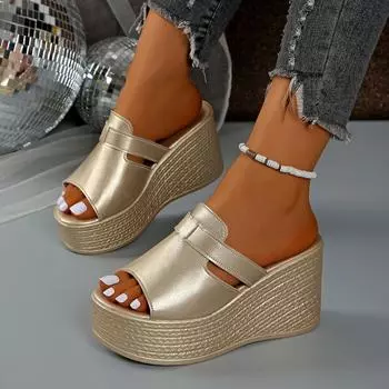 Обувь женская 2025 тапочки для бассейна золотистые танкетка открытый носок круглый дизайн удобная пляжная обувь размер 35-43 35 золотой