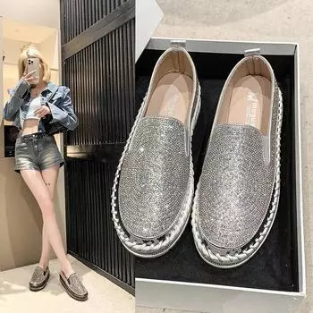 Обувь женская балетки без застежек повседневные женские кроссовки Modis Crystal Loafers с мехом круглый носок неглубокий вырез платье без застежек ретро большой размер 35 чёрный