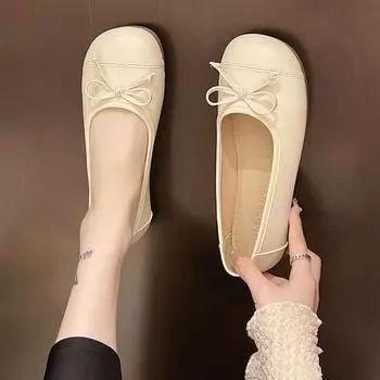 Обувь женская балетки повседневные женские кроссовки с круглым носком неглубокий вырез бант платье бабушка на каблуках удобные балетки бабочка 35 бежевый
