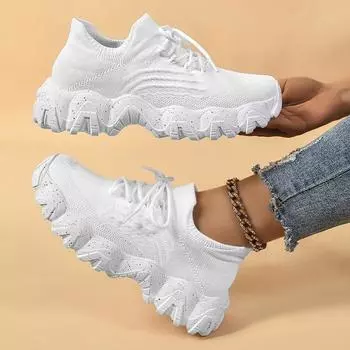 Обувь женская, Ботинки-носки Flyknit на шнуровке, Модные кроссовки, Лоферы с одним стременем 36 белый