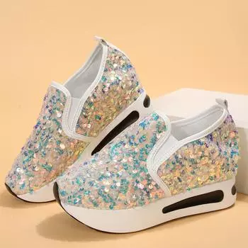 Обувь женская, дышащая обувь на танкетке с блестками, женские кроссовки на платформе золотого и серебряного цвета, женская обувь на танкетке, увеличивающая рост, повседневная обувь 36