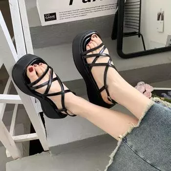 Обувь женская летняя 2024 года, римские сандалии на толстой подошве, плоская подошва, модные босоножки на высоком каблуке, женские с перекрестным ремнем, женская обувь 35 чёрный