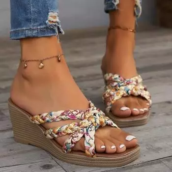 Обувь женская летняя танкетка на высоком каблуке тапочки модная уличная одежда пляжные сандалии тапочки разноцветные бохо шлепанцы 36