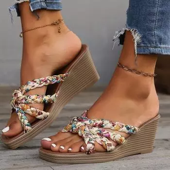 Обувь женская летняя танкетка на высоком каблуке тапочки модная уличная одежда пляжные сандалии тапочки разноцветные бохо шлепанцы 36