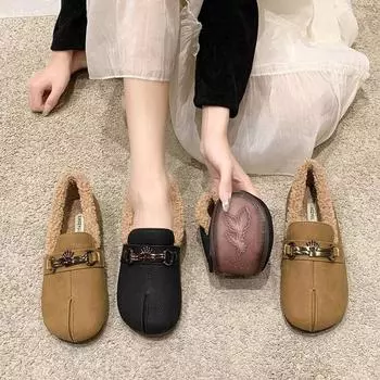 Обувь женская на плоской подошве мокасины с мехом с круглым носком осенние повседневные женские кроссовки платье мокасины осень-зима досуг пряжка ремешок флок резина 35