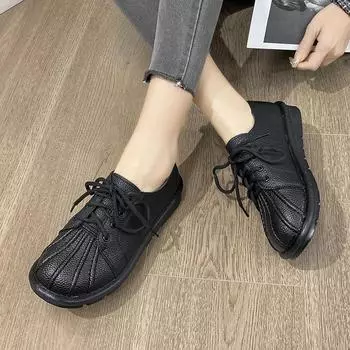 Обувь женская на плоской подошве повседневная женская кроссовки с коротким носком оксфорды платье летние новые из искусственной кожи весна резина досуг 35 чёрный