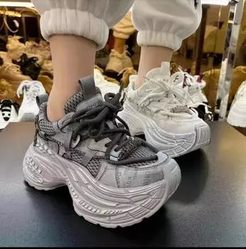 Обувь женская новая сетчатая женская вулканизированная обувь уличные дышащие женские кроссовки на шнуровке на платформе женские повседневные кроссовки 34 серый