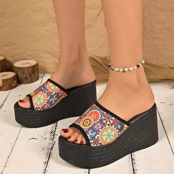 Обувь Женская Уличная Женские Шлепанцы Платформа Повседневные Шлепанцы Женские Смешанные Цвета Круглый Носок Высокая Танкетка Сандалии Слайды Женские 36