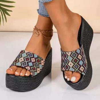 Обувь Женские Большие размеры Открытые носки Женские тапочки Платформа Повседневные тапочки Женские с принтом Супер высокие клинья Уличные сандалии 36