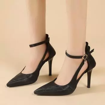 Обувь Женские босоножки Женские туфли на высоком каблуке 2024 Новые летние однотонные туфли для офиса и карьеры Модные туфли с острым носком Сексуальные туфли с кристаллами на высоком каблуке 36 чёрный