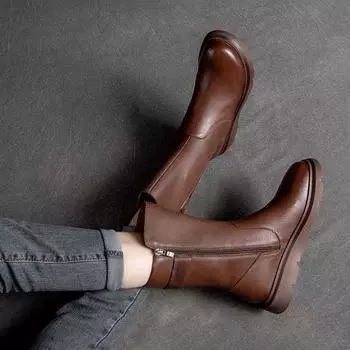 Обувь Женские ботинки до середины икры, байкерские туфли на танкетке для женщин, кожаные полувысокие коричневые модные туфли 2024 года, предложение Y2k 35 чёрный