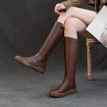 Обувь Женские ботинки средней длины на танкетке Байкерские туфли Женские полувысокие кожаные коричневые модные 43