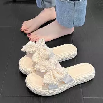 Обувь Женские домашние тапочки с бантом на платформе Женские пляжные мягкие туфли на платформе Женские пляжные мягкие туфли на платформе 40 абрикосовый